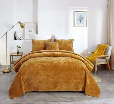 $138.05 • Buy Tache Crushed Velvet Yellow Melted Gold Soft Plush Waves Bedspread Coverlet Set