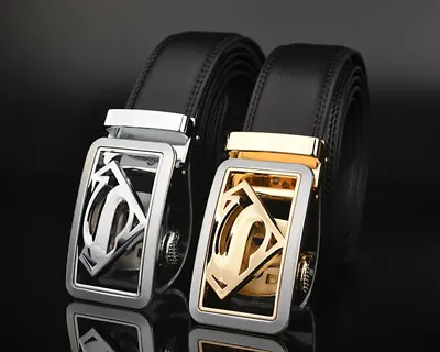 Luxury Men's Superman Automatic Buckle Belt Black Leather Ratchet Strap Jeans • $12.99