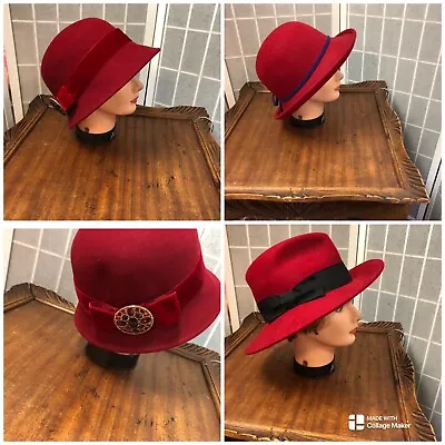 Toucan/Scala/Amanda Smith Woman’s Hat(4)Red Wool Boater And Cloche Style.: • $120