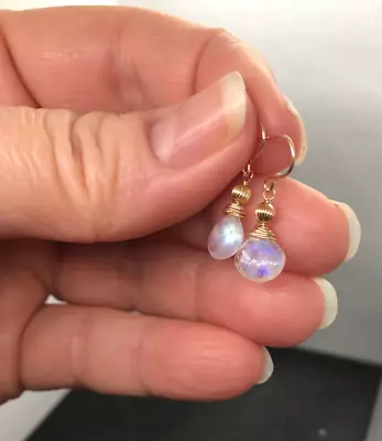 14K Gold Natural Blue Flash Moonstone Briolette Dangle Earrings Petites • $79.99