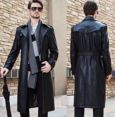 New Long Trench Leather Coat Overcoat Men Lambskin Coat Mens Leather Jacket • $239.99