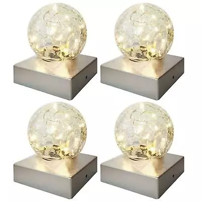 4 Solar Deck Cap Post Lights Outdoor Garden Crackle Glass Ball Lights Warm White • £27.95