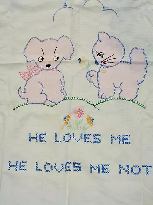 Old Embroidery Baby Blanket Sheet He Love Me Not Dog Cat Pink Blue White 42x34  • $17.99