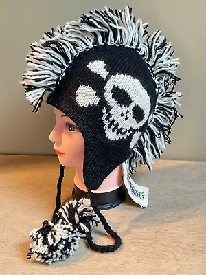 NWT Nirvanna Designs Black Skull Mohawk Fleece Lined Wool Earflaps Hat Adult M L • $49.99