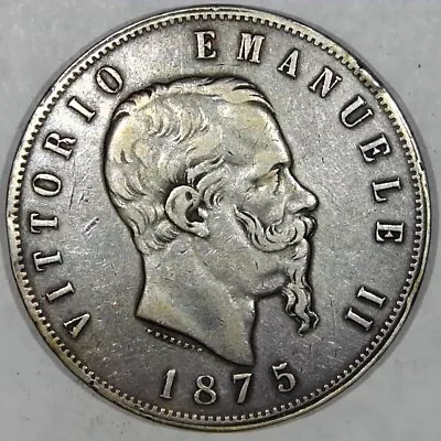 WORLD CROWNS! 1875 Italy Silver DOLLAR 5 Lire #X762 • $41.03