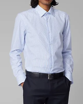 Hugo Boss Men's 'Jango' White Blue Striped Slim Fit Dress Shirt Size 16.5 • $70