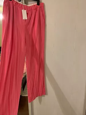 BNWT Mango Women's High Waist Size L Pink 100% Viscose Wide-Leg Suit Trousers • £34.99