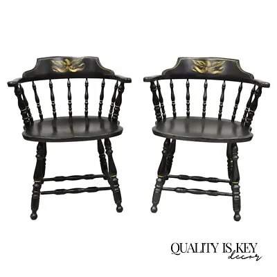 Vintage S. Bent & Bros Black Painted Eagle Colonial Style Pub Chairs - A Pair • $495