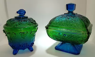 Vintage Jeanette Blue/Green Glass With Lids Compote/Candy/Trinket 4-piece Set • $24.99
