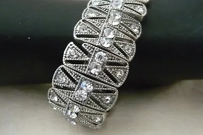 A6#211X Vtg STRETCH BRACELET 3/4  WIDE  SILVER TONE ART DECO STYLE RHINESTONES  • $14.99