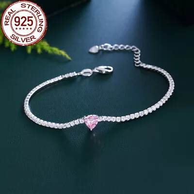 Adjustable Genuine 925 Sterling Silver CZ Pink Heart Tennis Chain Link Bracelet • $11.82