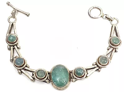 Vintage Sterling Silver Aquamarine Cabochon Bracelet ~7” 925 - Hand Made • $200