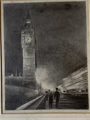 Big Ben At Night London Original Pencil Drawing H C Low Signed 11x9 1940s WW2 • £65