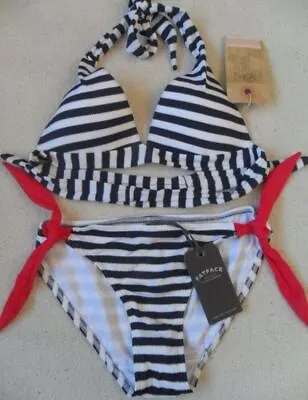 Fat Face Nautical Stripe 1 Size Bigger Push Up Halter Side Tie Bikini 6 6-8 8 10 • £32.99