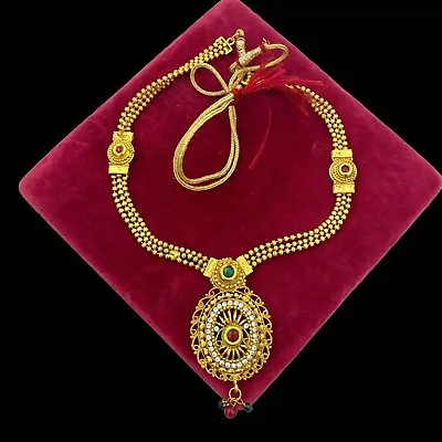 Antique Vintage Art Nouveau Gold Plated Mughal Paste Bead Pendant Necklace 42.7g • $125