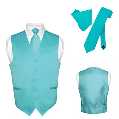 Men's Dress Vest NeckTie Hanky TURQUOISE AQUA BLUE Neck Tie Set For Suit Tux M • $24.95