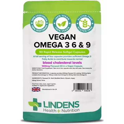 Lindens Vegan Omega 3 6 9 Flaxseed Oil 90 Capsules 1000mg Flax Seed • $48.39