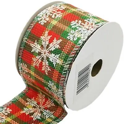 FABRIC WIRED EDGE CHRISTMAS RIBBON 63mm X 10yd TARTAN SNOWFLAKE RED/GRN/WHT • £8.25