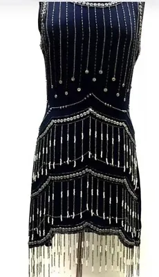 New 1920's Gatsby Flapper Charlston Vintag Dress Size 8 Black Beaded Fancy Dress • £27.99