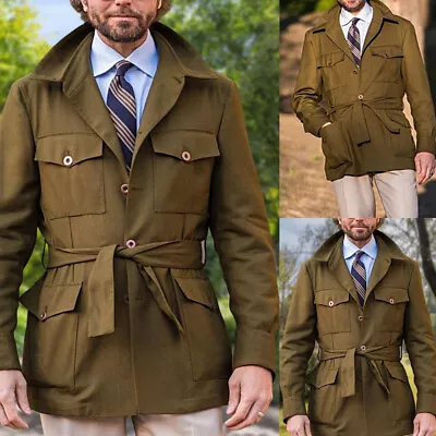 Army Green Men Suits Safari Jackets With Belts Slim Causal Formal Coat • $39.88