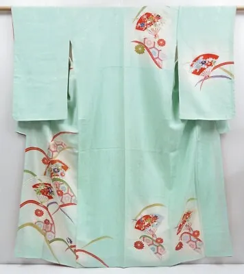 3709T07z950 Vintage Japanese Kimono Silk TSUKESAGE Folding Fan Mint Green • $15
