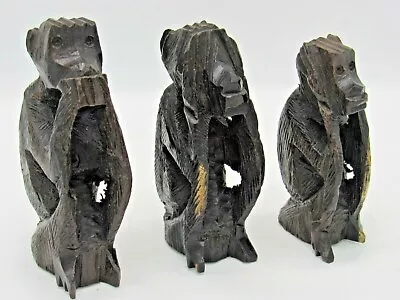 Hand Carved Ebony Wood Wise Monkeys SEE HEAR & SPEAK NO EVIL Primative Rare • $45