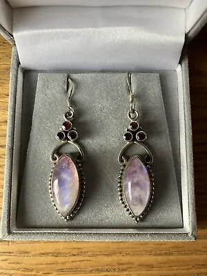 Moonstone Amethyst And Garnet Gem 925 Sterling Silver Dangly Earrings • $39.84