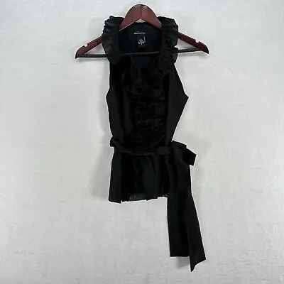 Moda International Blouse Womens Small Black 100% Silk Ruffle Collar Snap Sheer • $19.20