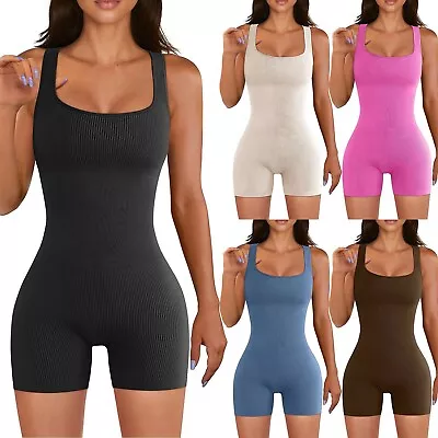 Women Yoga Rompers Workout Ribbed Square Neck Sleeveless Sport Romper • $20.65