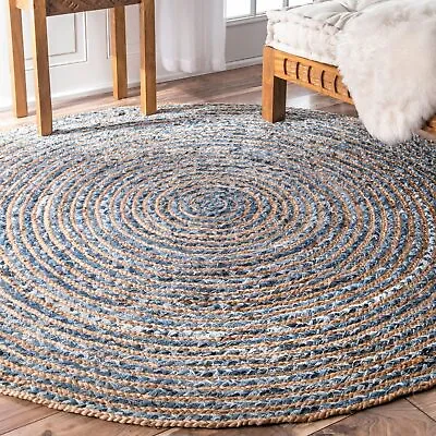 Round Rag Rug Woven Recycled Mat - Cotton Denim Kitchen Area Living Bed Room • £55.99
