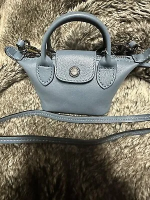 Longchamp Micro Le Pliage Cuir Leather Bag Coin Purse Crossbody Blue 💯 Auth • $275
