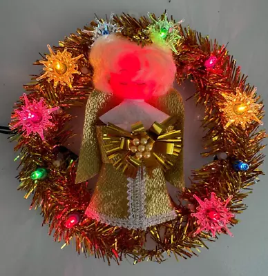 Vintage Christmas Tree Topper Angel Doll Lighted Gold Foil Tinsel Wreath • $24.99