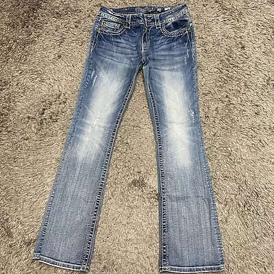 Miss Me Buckle Jeans Womens 29x32 Light Blue Denim Distressed Pocket Boot Pants • $34.95