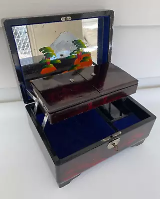 Vintage Wooden Lacquered  Musical Japanese Jewellery Box With Lock & Key • $75