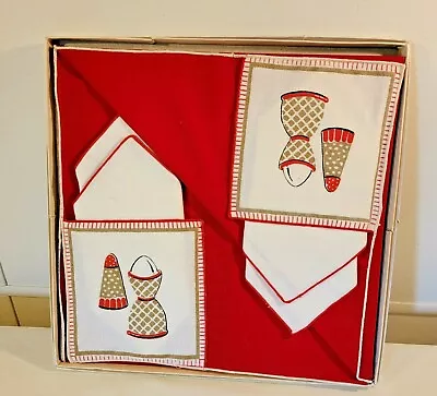 NIB Vintage Bridge Tablecloth & Napkin Set Red Gold Ivory Pocket Corners Egg Cup • $16.79