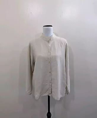 Eileen Fisher M Mandarin Collar Long Sleeve Shirt Linen Tunic Button Down Beige • $48.88