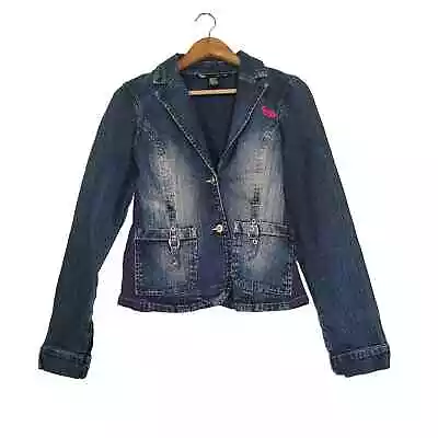 Vintage Ecko Red Womens Embroidered Denim Jacket Size L Y2K 90s Stretch Faded • $22.33