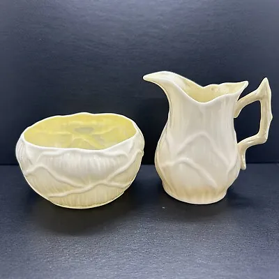 VTG Belleek Lily And Lotus Pattern Creamer & Sugar Set Green 5th Mark 1955-65 • $22.50