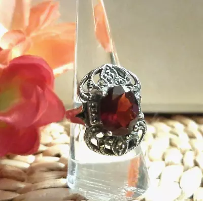 VINTAGE STERLING SILVER GARNET &  MARCASITE FILIGREE RING Sz 7 • $56