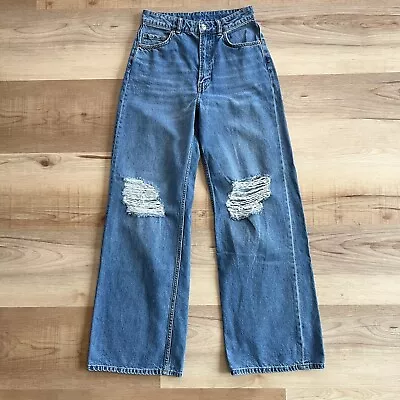 Divided By H&M High Rise Wide Leg Blue Denim Jeans Distressed Knee Womens Size 6 • $24.99