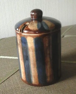 Vintage Brown Blue Stripe Ceramic Storage Jar/ Container With Spoon Slot Lid 6  • £16