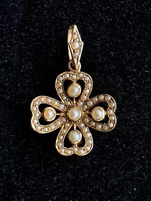 Antique Edwardian 15ct Yellow Gold 'Four Leaf Clover' Seed Pearl Pendant C.1900 • £300