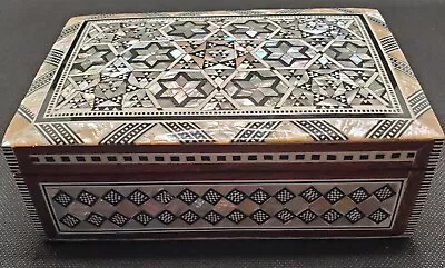 Inlaid Wood Mosaic Hinged Box Mother Of Pearl 6  X 3  Handcrafted Gift  • $30