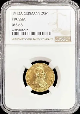 1913 A Gold German State Prussia Military Bust Wilhelm Ii 20 Mark Ngc Ms 63 • $725