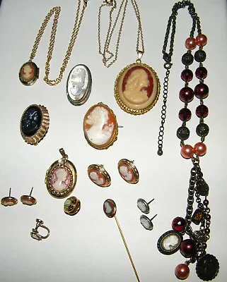 Antique-To-Now 12Pc CAMEO JEWELRY LOT Pins~Necklaces~Earrings~Lockets~Czech • $69.95