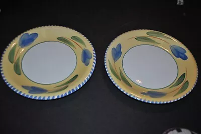 NWOT  Maxam Italy Mediterranean S/2 Dinner Plates 10.25 Yellow Blue Flower Paint • $28.59