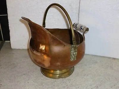 Antique Copper Coal Scuttle Bucket With Delft Blue Porcelain Handles • £24.99