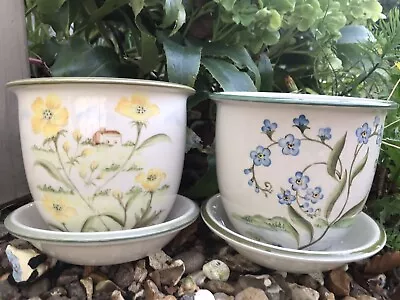 Pair Of Porcelain Plant Pots Planters Daisies + Forget Me Nots Plus Trays • £16