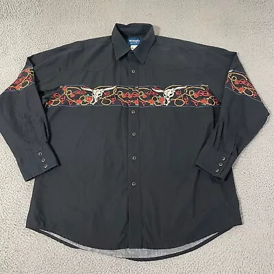 Wrangler Western Shirt Mens Extra Large Pearl Snap Black Cowboy Longhorn Lasso • $23.97