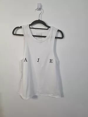 AJE Size XS White Round Neck Sleeveless Cotton Logo Tank Top Basic Designer • $49.95